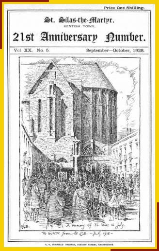 Drawing by Benjamin Boulter toward the south porch with a procession in St. Silas PLace.